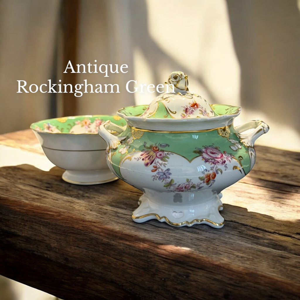 Antique Rockingham. GREEN. Lidded Sucriere & Bowl image 0