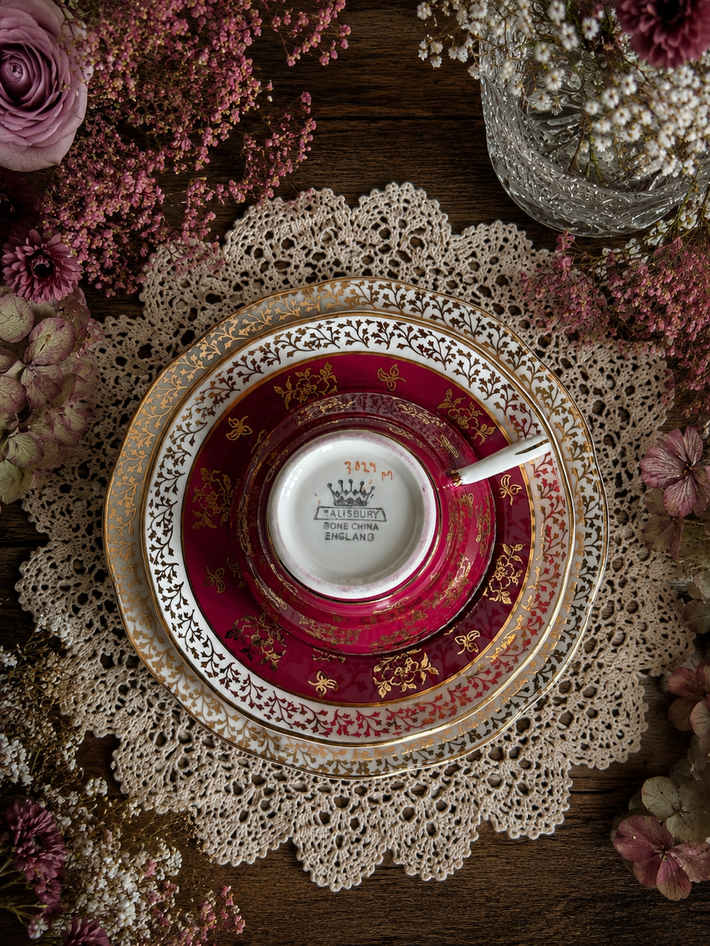 Vintage Salisbury Bone China Dark Pink & Gold Trio – Teacup, Saucer & Side Plate