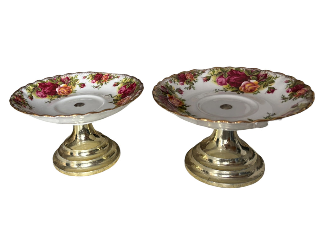 Set of 2 Vintage Royal Albert Old Country Roses Trinket Stand on Brass Pedestal Base