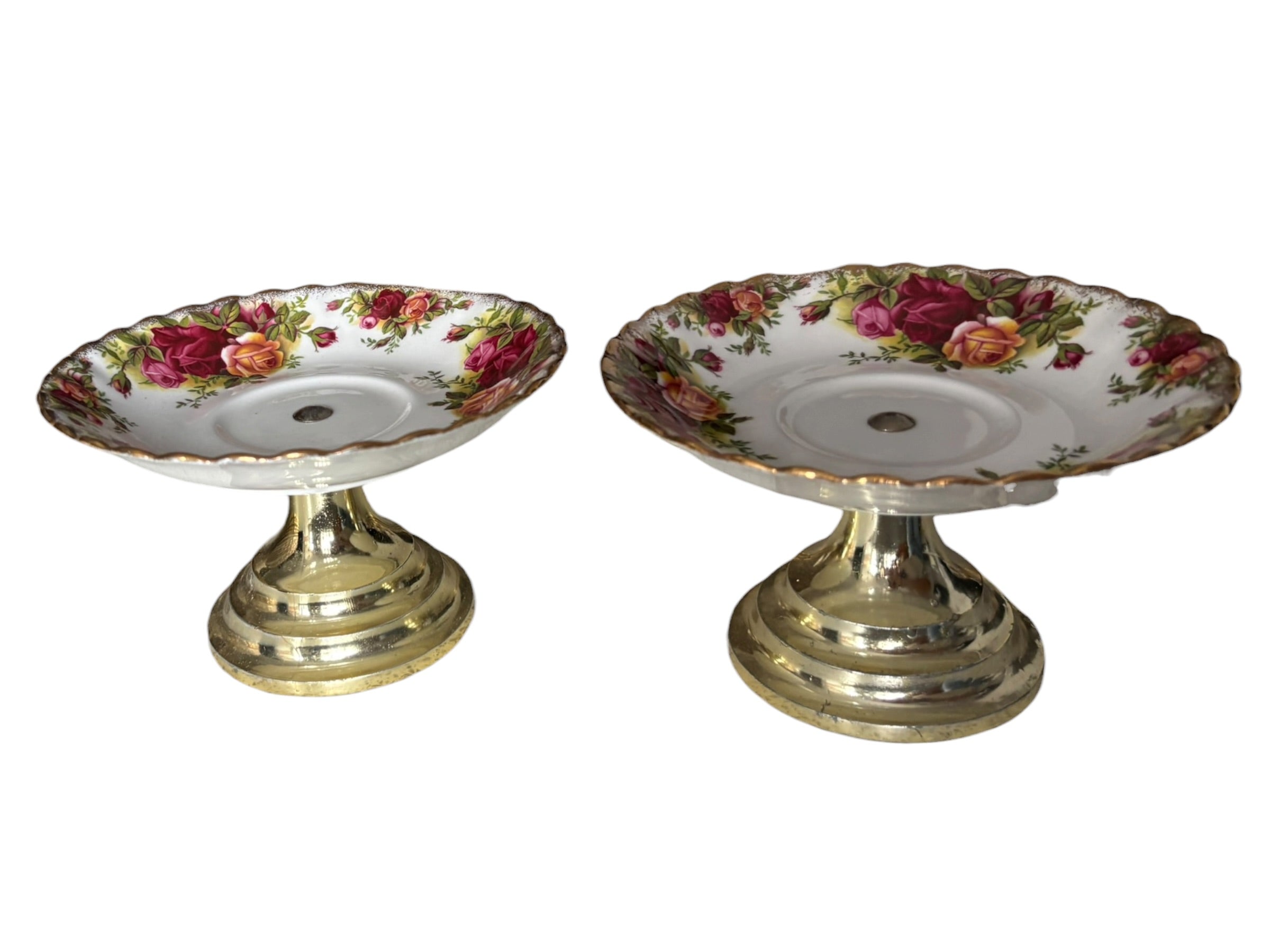 Set of 2 Vintage Royal Albert Old Country Roses Trinket Stand on Brass Pedestal Base