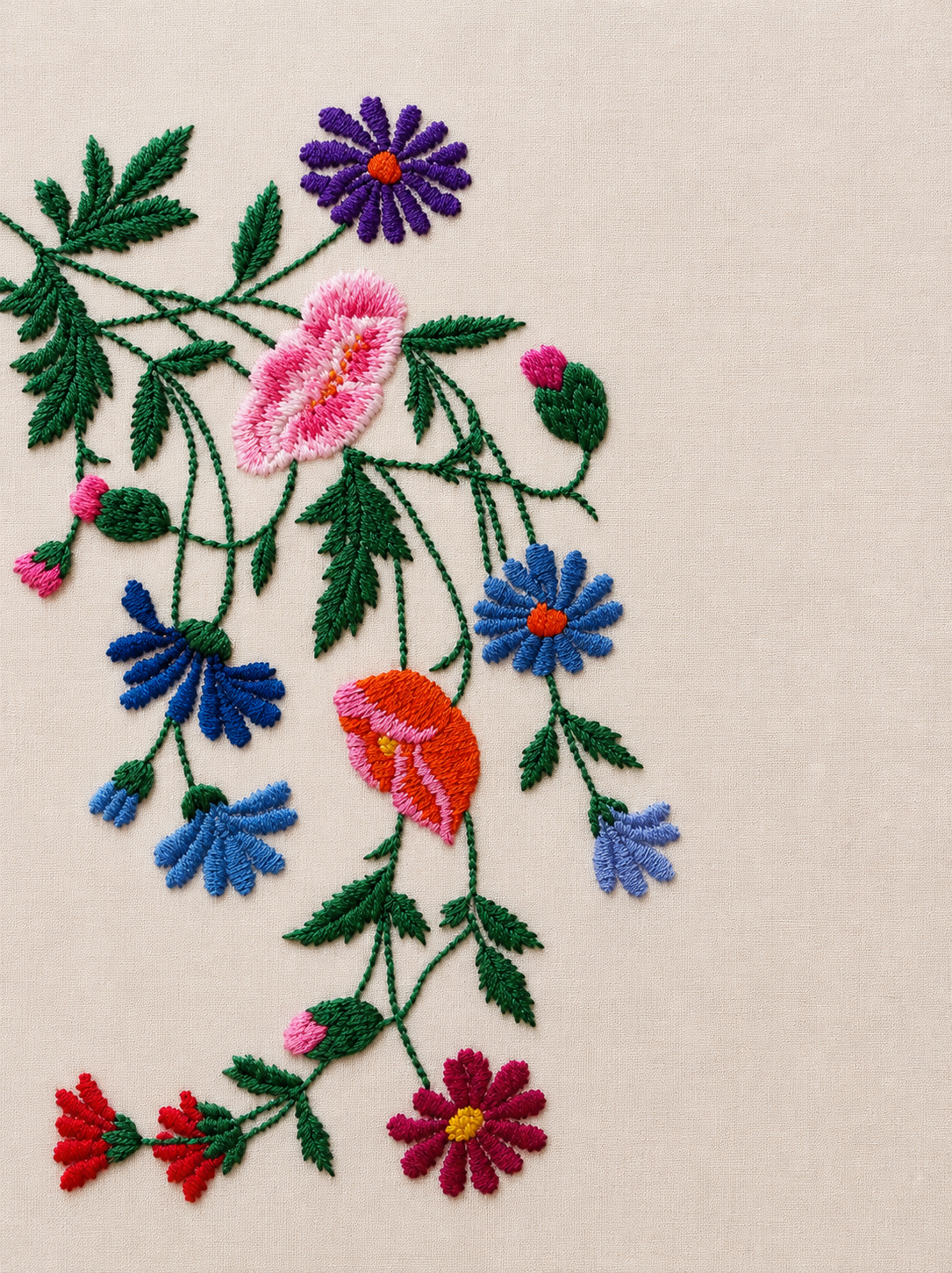 Vintage Cotton Hand-Embroidered Botanical Wildflower & Spring Flower Tablecloth