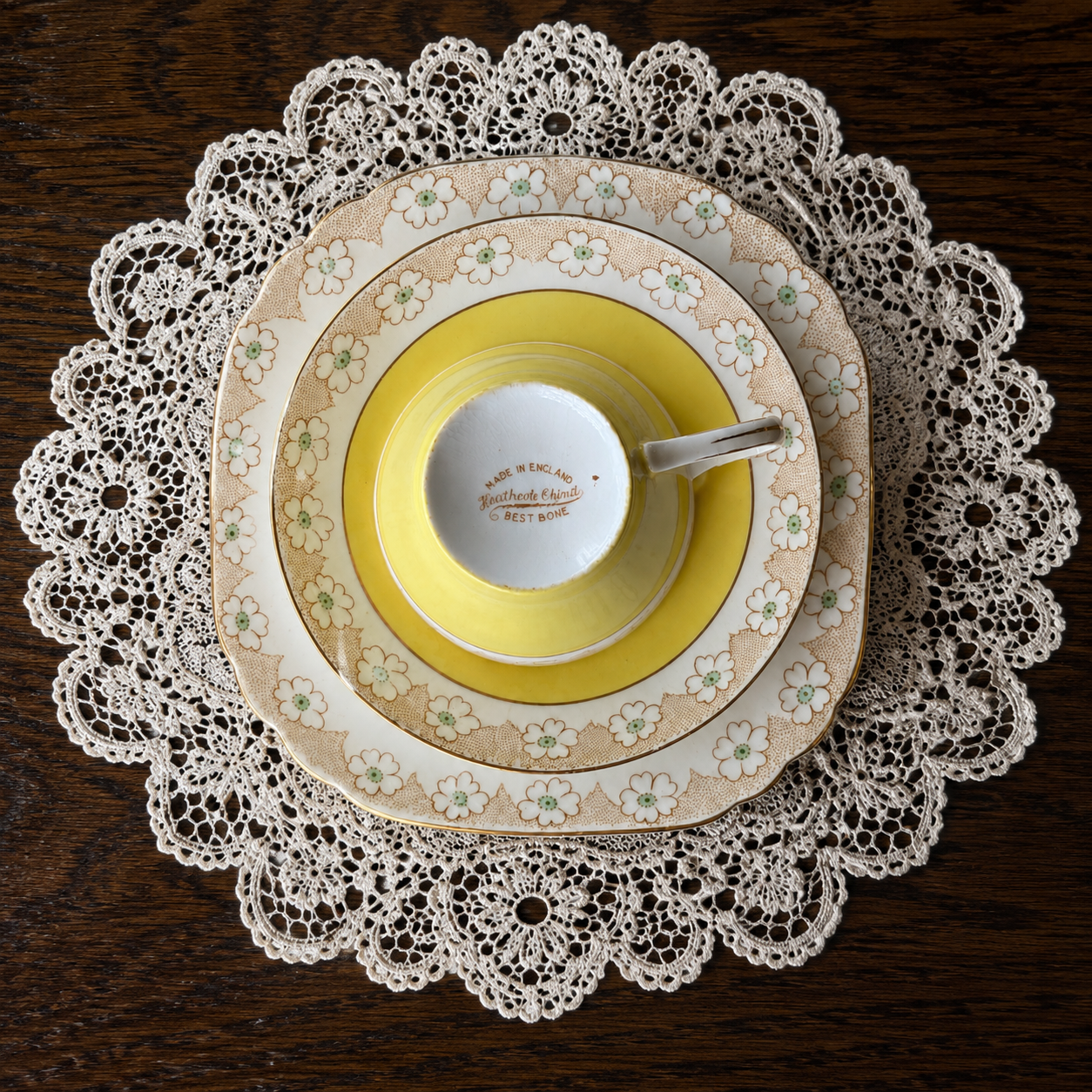 Vintage Heathcote China Primrose Yellow Tea Trio