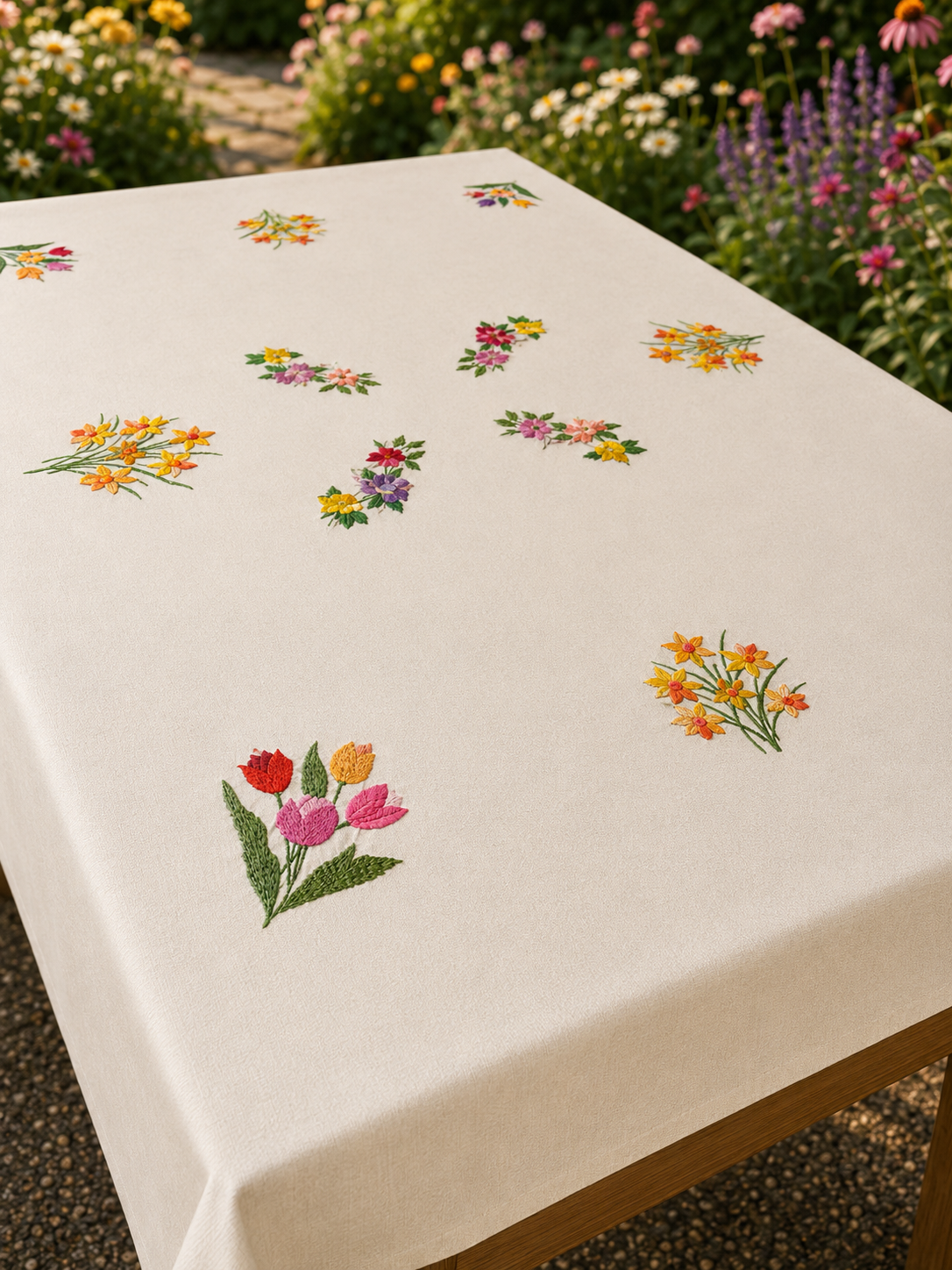 Vintage Floral Hand Embroidered Cotton Table Cloth with Grey Border