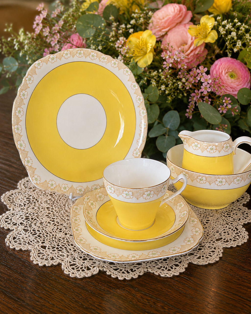 Vintage Heathcote China Primrose Yellow Tea Milk Jug & Sugar Bowl