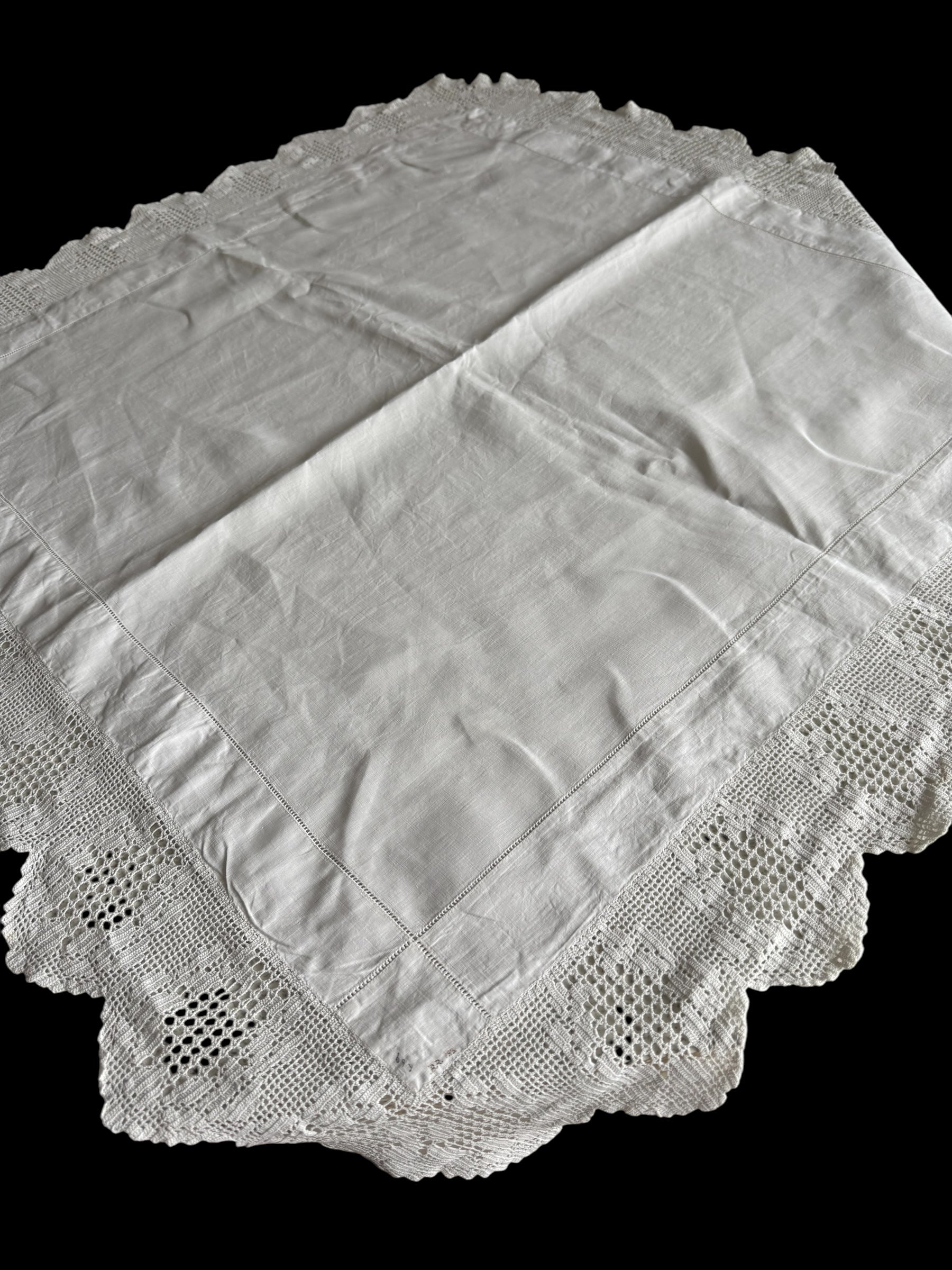 Deep lace edge vintage Cotton Tablecloth.  image 1