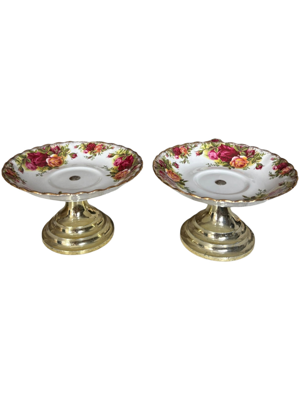 Set of 2 Vintage Royal Albert Old Country Roses Trinket Stand on Brass Pedestal Base