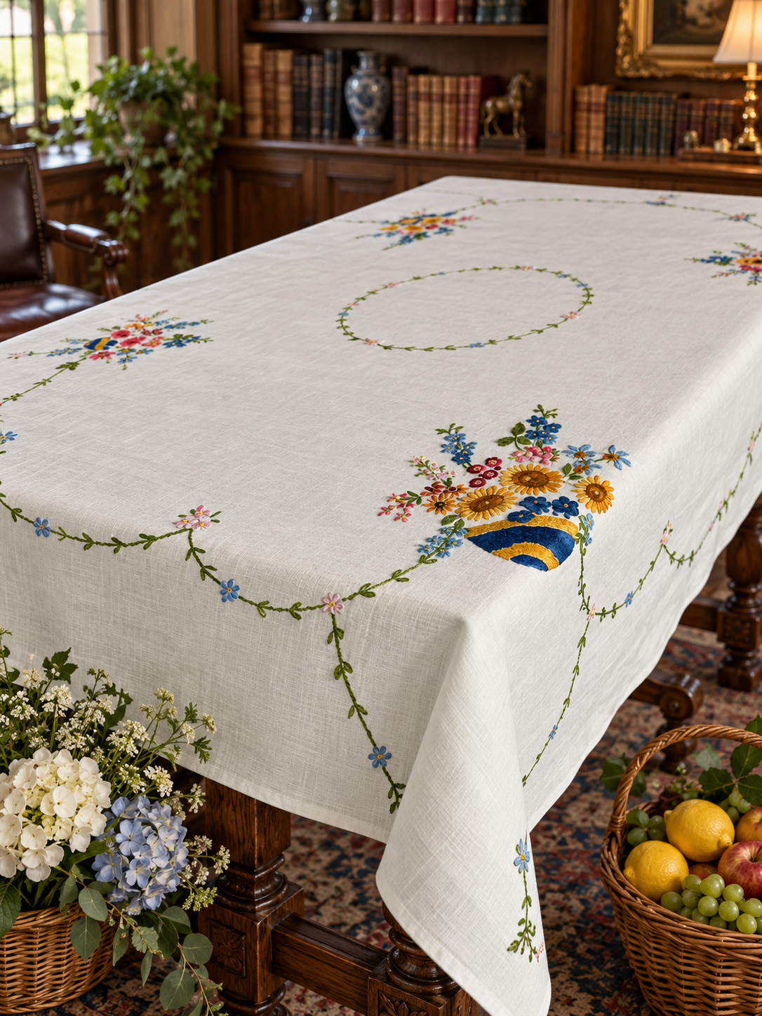 Vintage Tablecloth. Hand Embroidered. Large