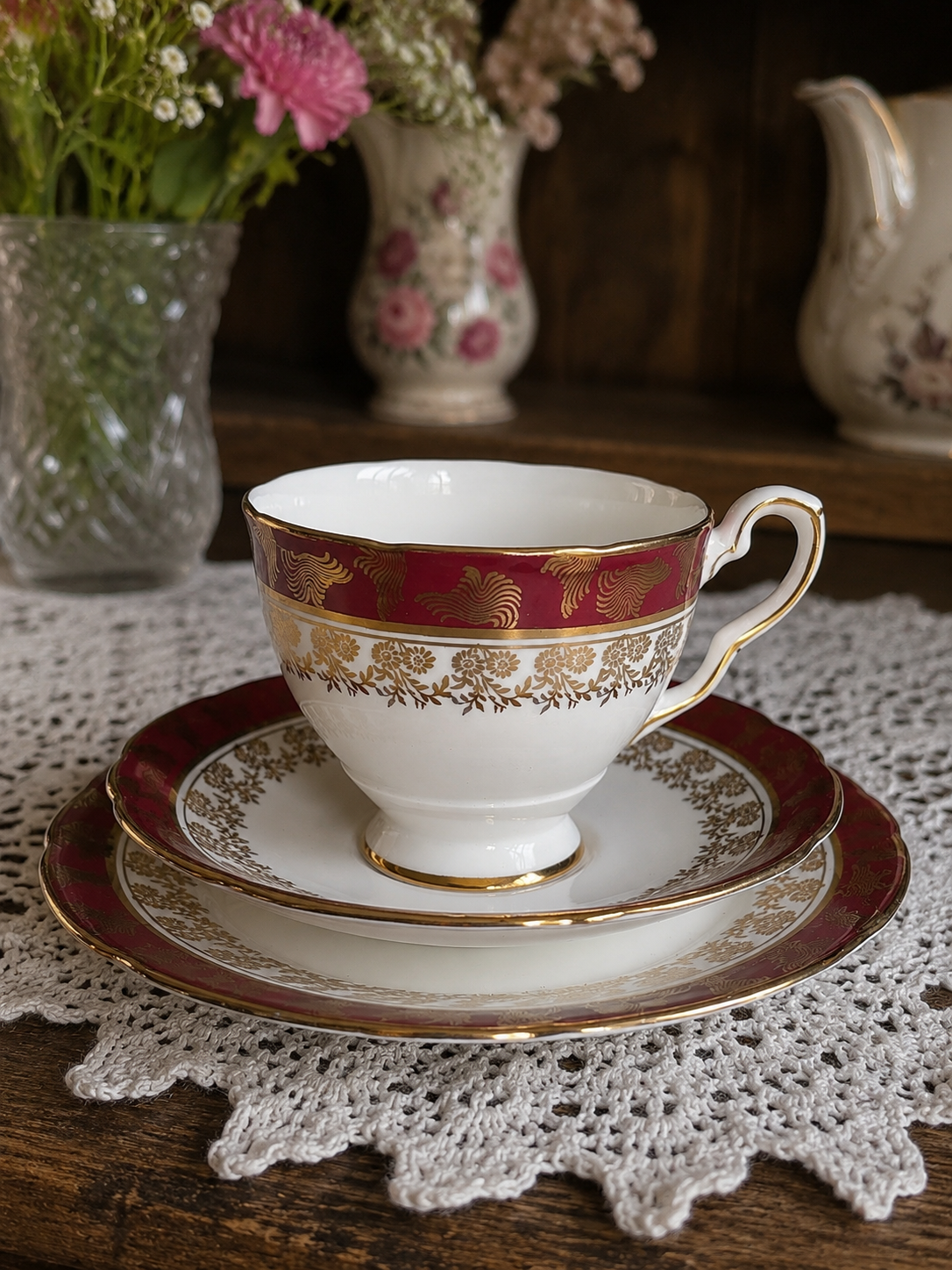 Vintage Royal Stafford Burgundy & Gold Bone China Tea Trio