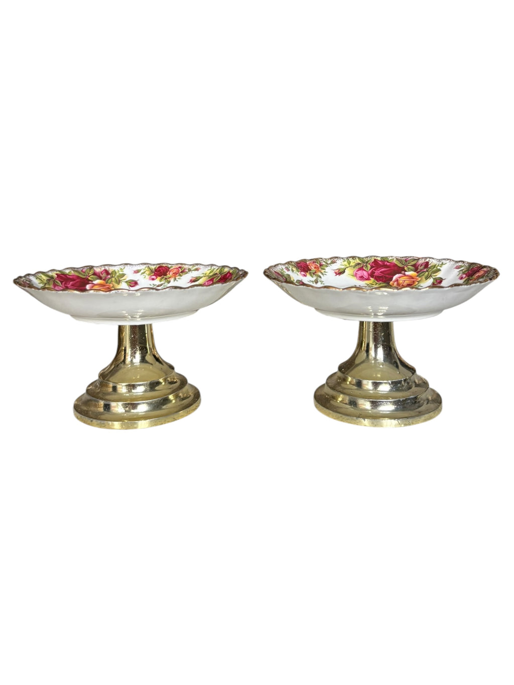 Set of 2 Vintage Royal Albert Old Country Roses Trinket Stand on Brass Pedestal Base
