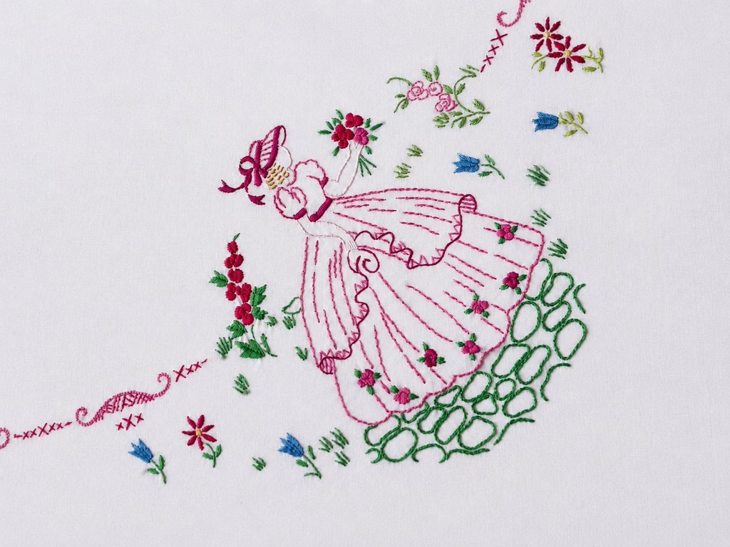 Hand Embroidered Crinoline Lady & Water Fountain Design Table Cloth