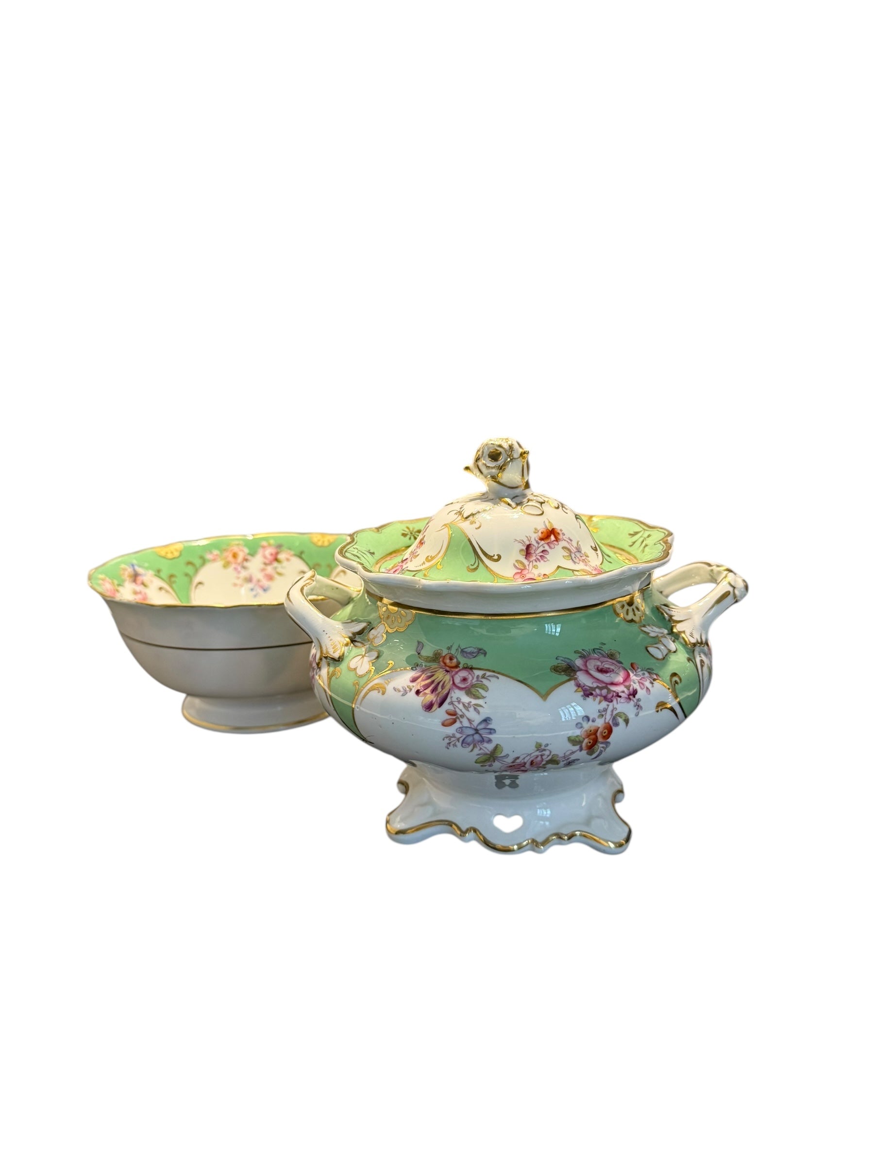 Antique Rockingham. GREEN. Lidded Sucriere & Bowl image 5