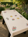 Vintage Cotton Hand-Embroidered Botanical Wildflower & Spring Flower Tablecloth