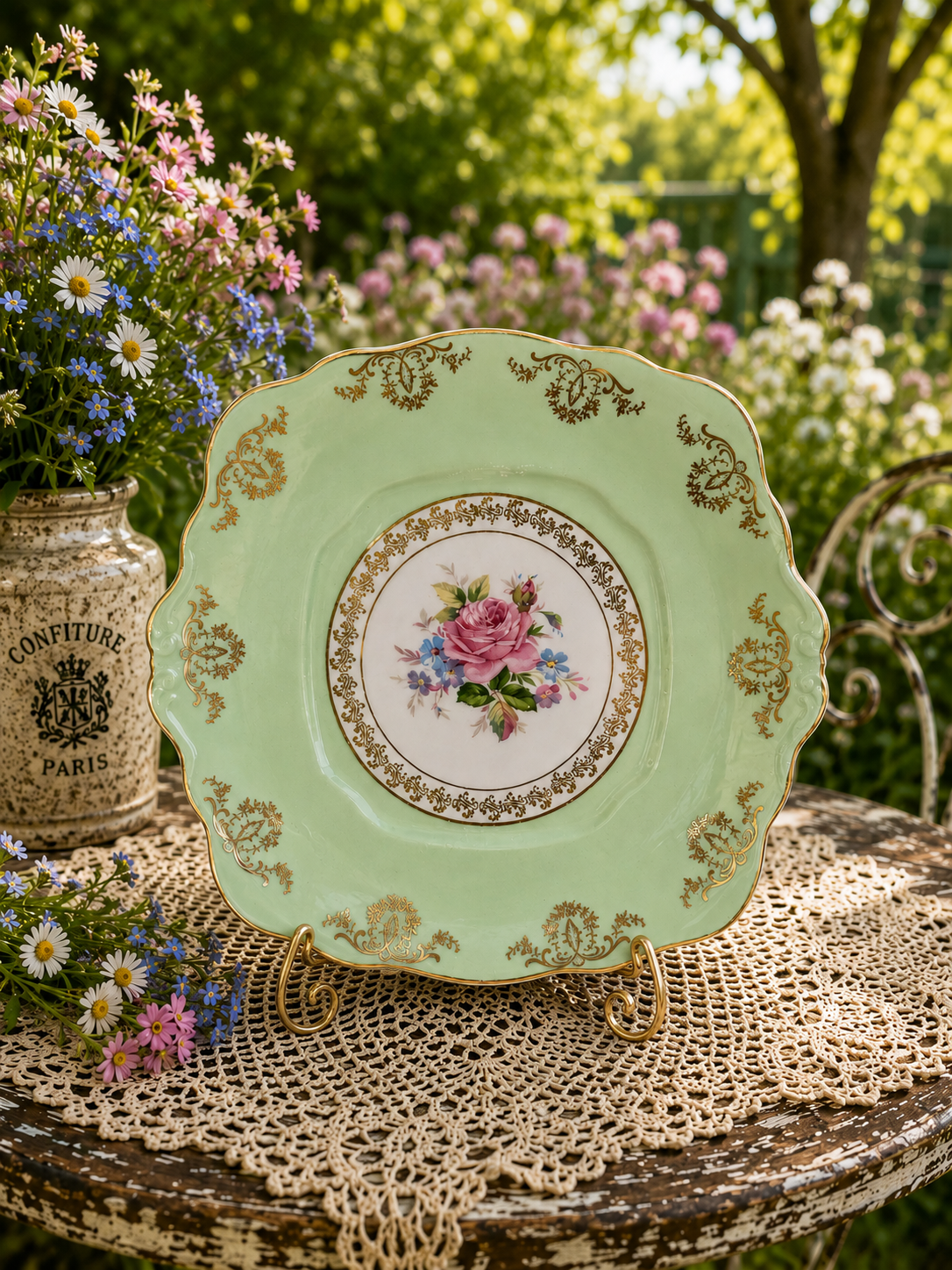 Vintage Argyle Green & Gold Rose Cake Plate