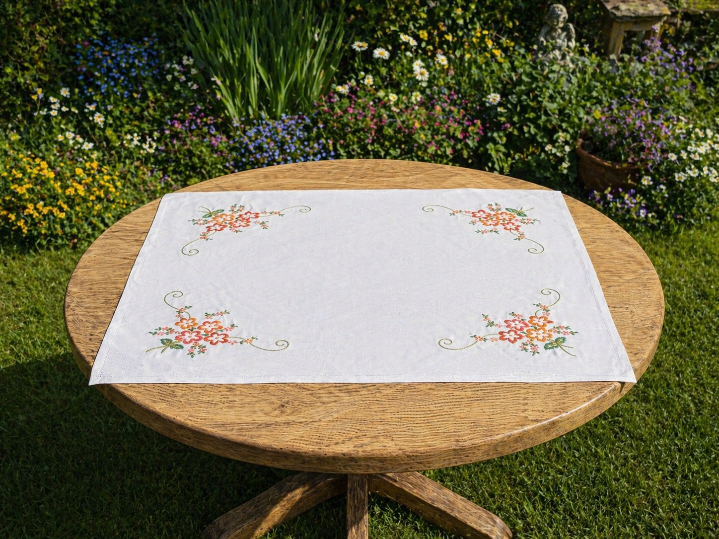 Orange Floral Hand Embroidered Table Cloth
