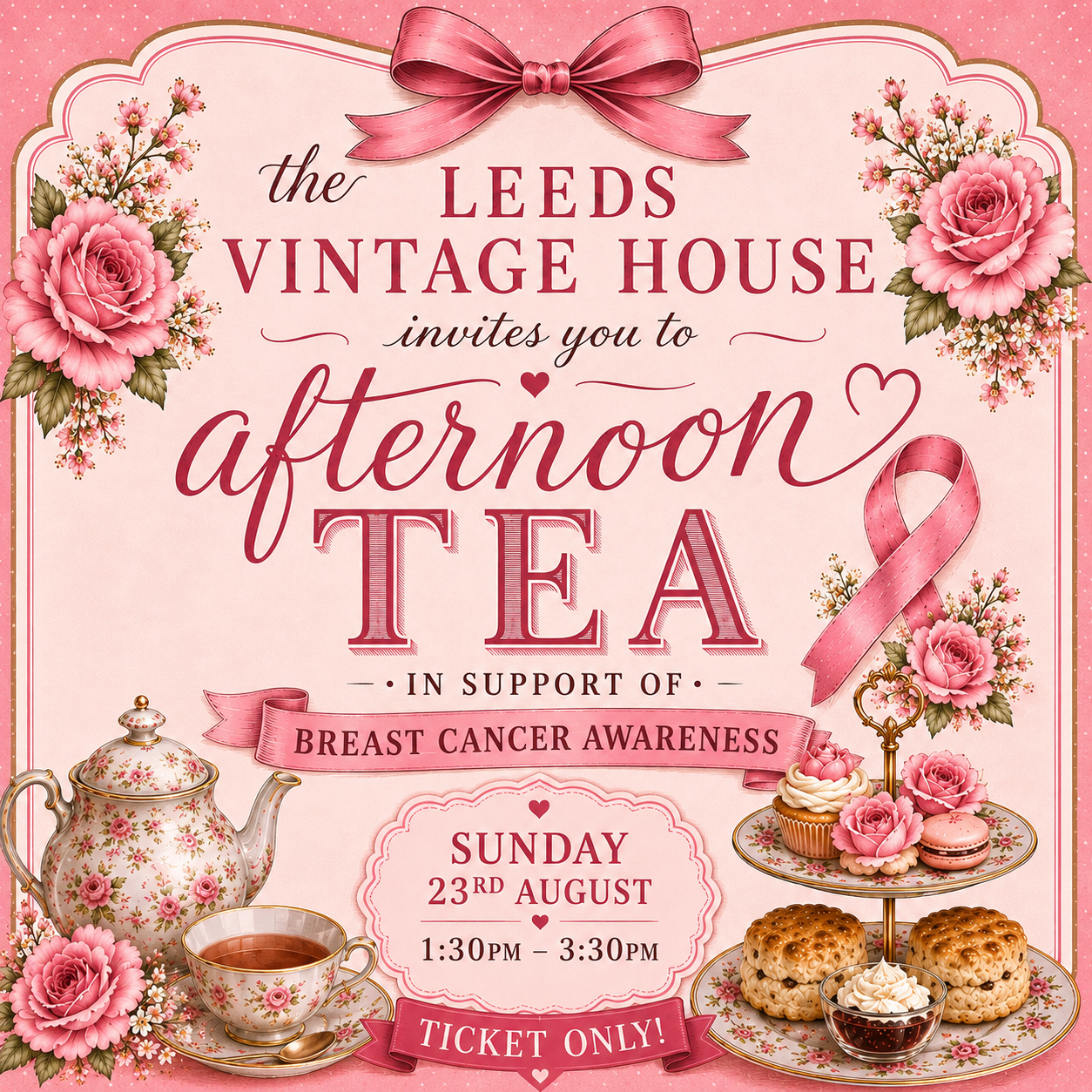 Breast Cancer Awareness Afternoon Tea Ticket - Sunday 23rd August at 1:30pm until 3:30pm