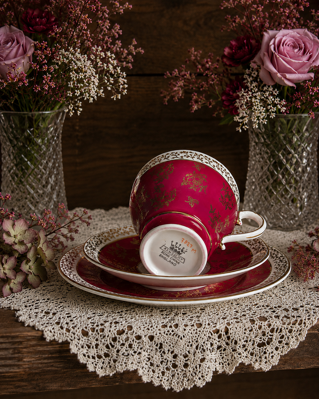 Vintage Salisbury Bone China Dark Pink & Gold Trio – Teacup, Saucer & Side Plate