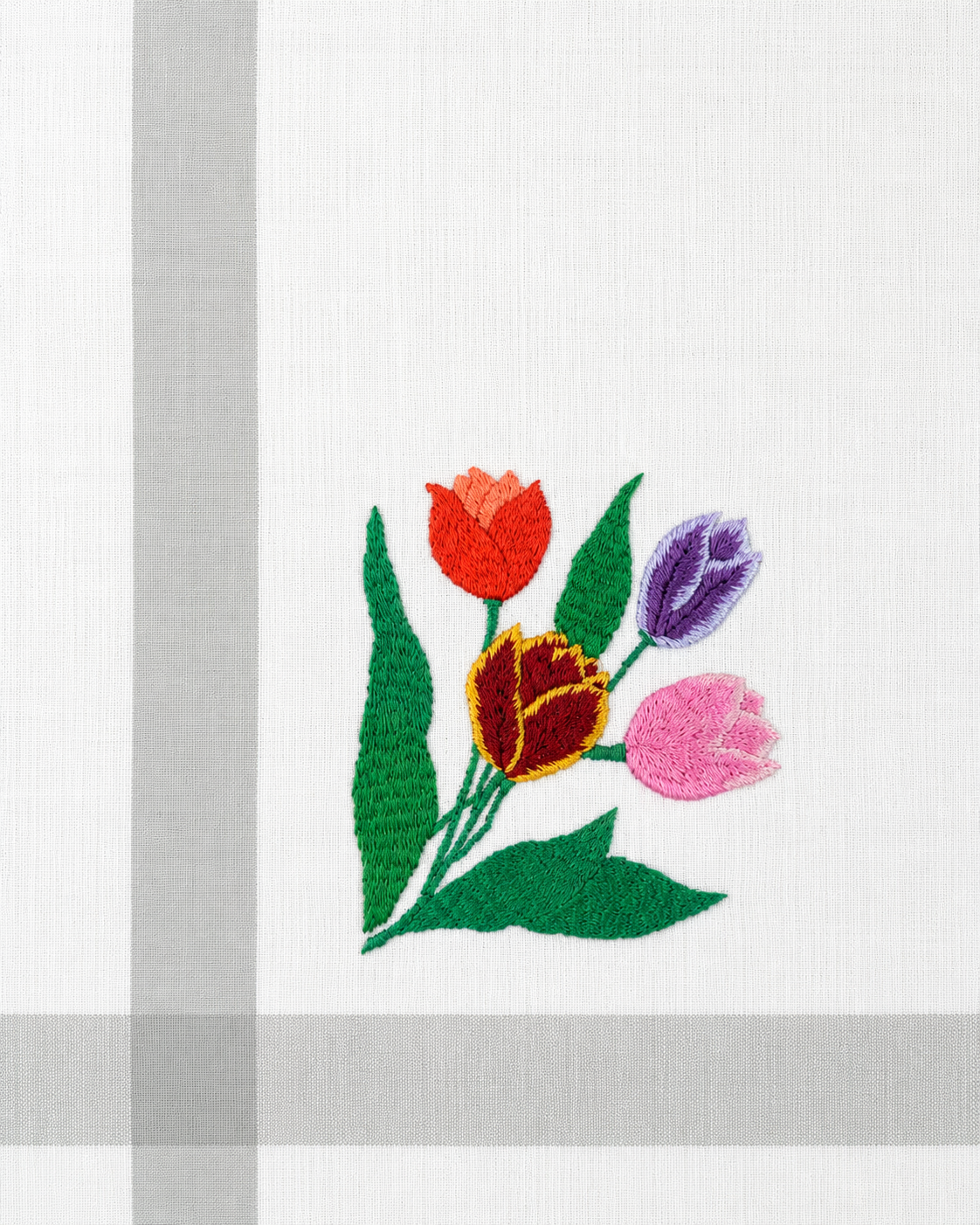 Vintage Floral Hand Embroidered Cotton Table Cloth with Grey Border
