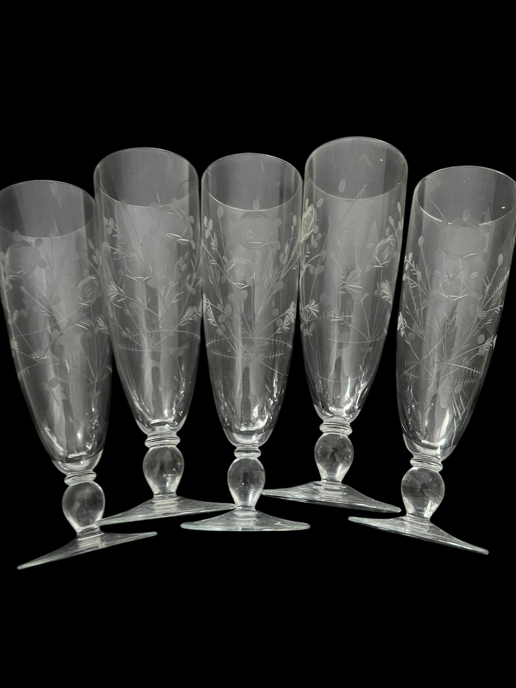 Set 5 tall engraved glasses.  image 1
