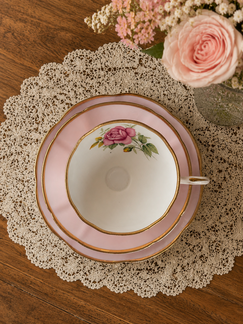 Clare Pastel Pink Trio with Single Pink Rose Design