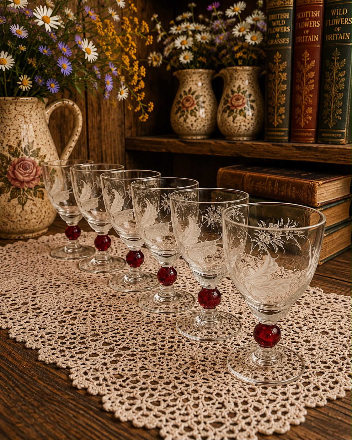 Vintage Etched Crystal Wine Glasses with Ruby Red Stems – Set of 5