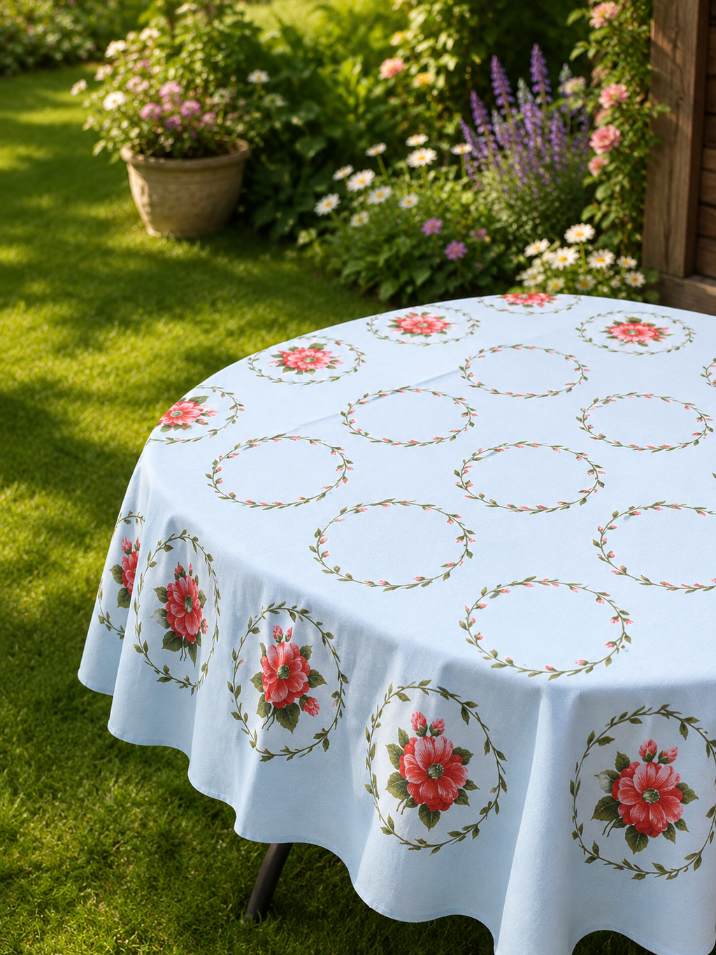 Baby Blue Tablecloth with Red Flower Print