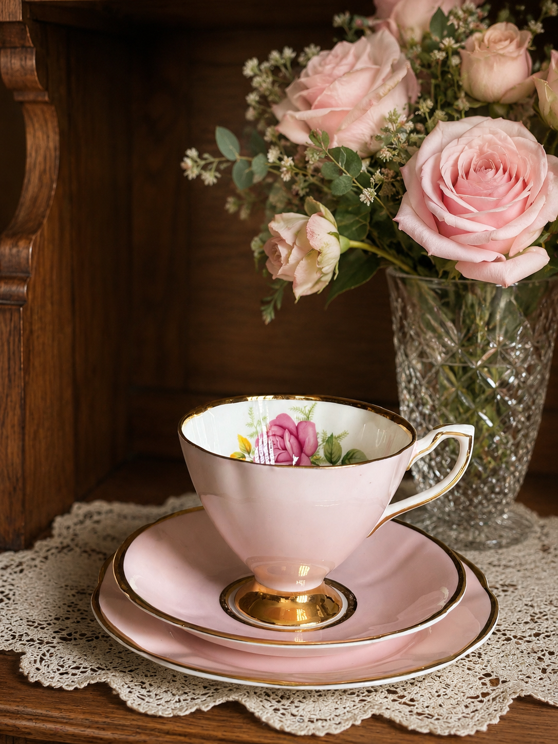 Clare Pastel Pink Trio with Single Pink Rose Design