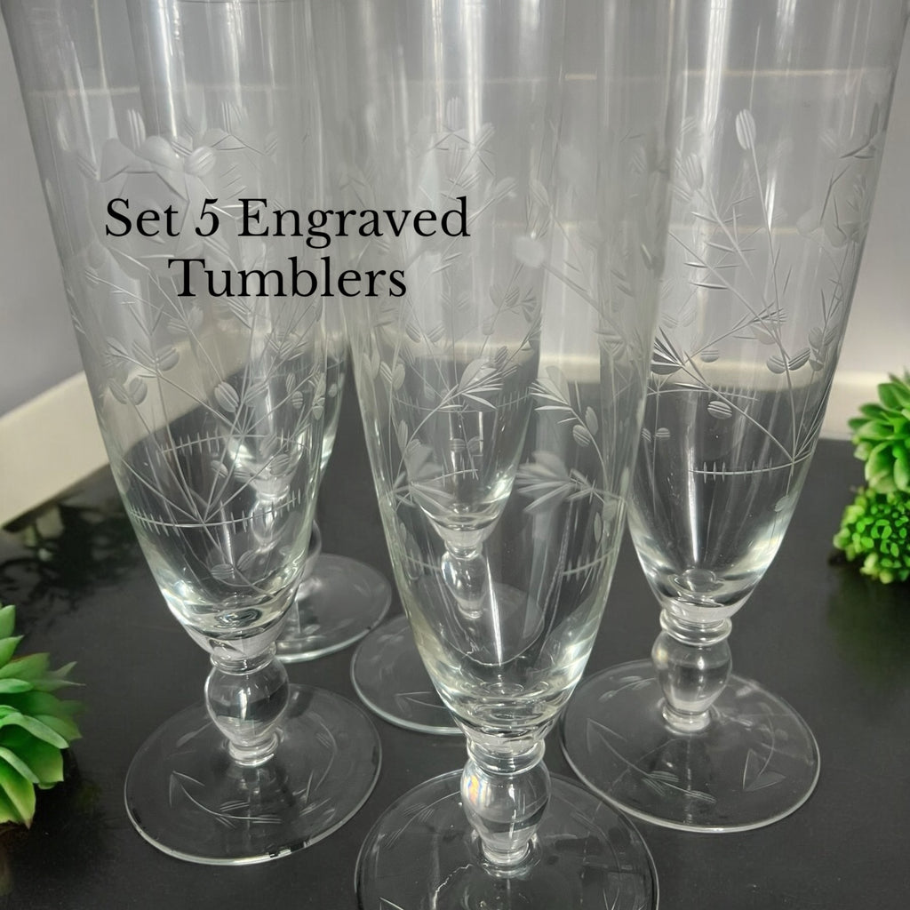 Set 5 tall engraved glasses.  image 0