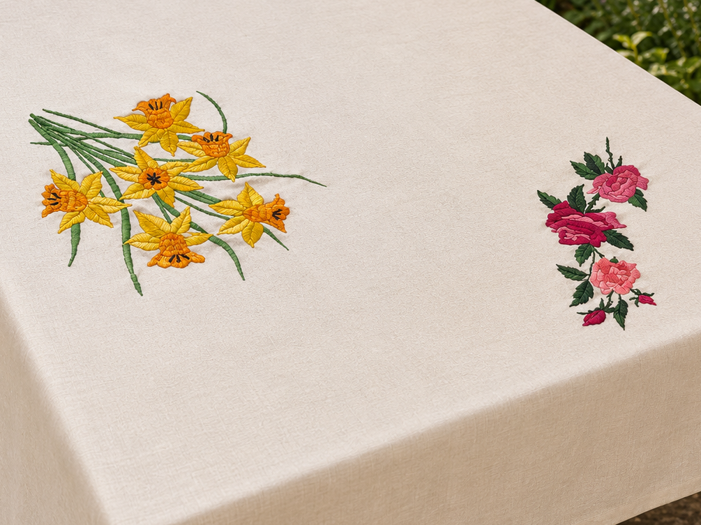 Vintage Spring Flowers Hand Embroidered Cotton Table Cloth