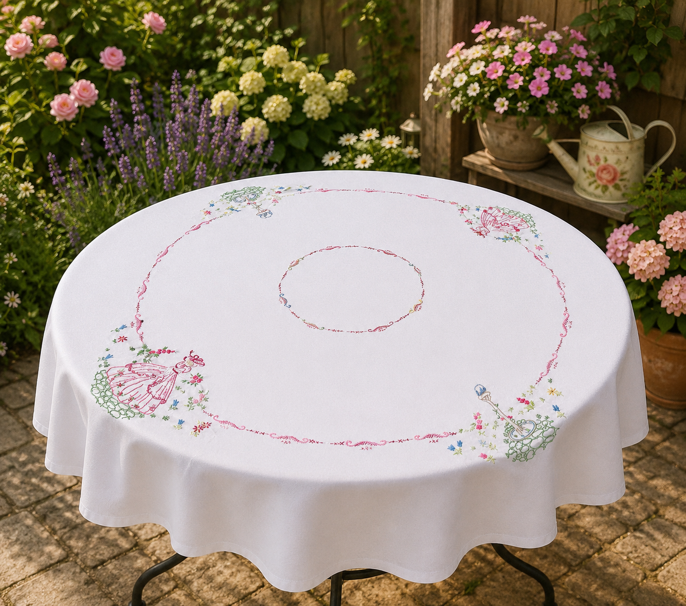 Hand Embroidered Crinoline Lady & Water Fountain Design Table Cloth