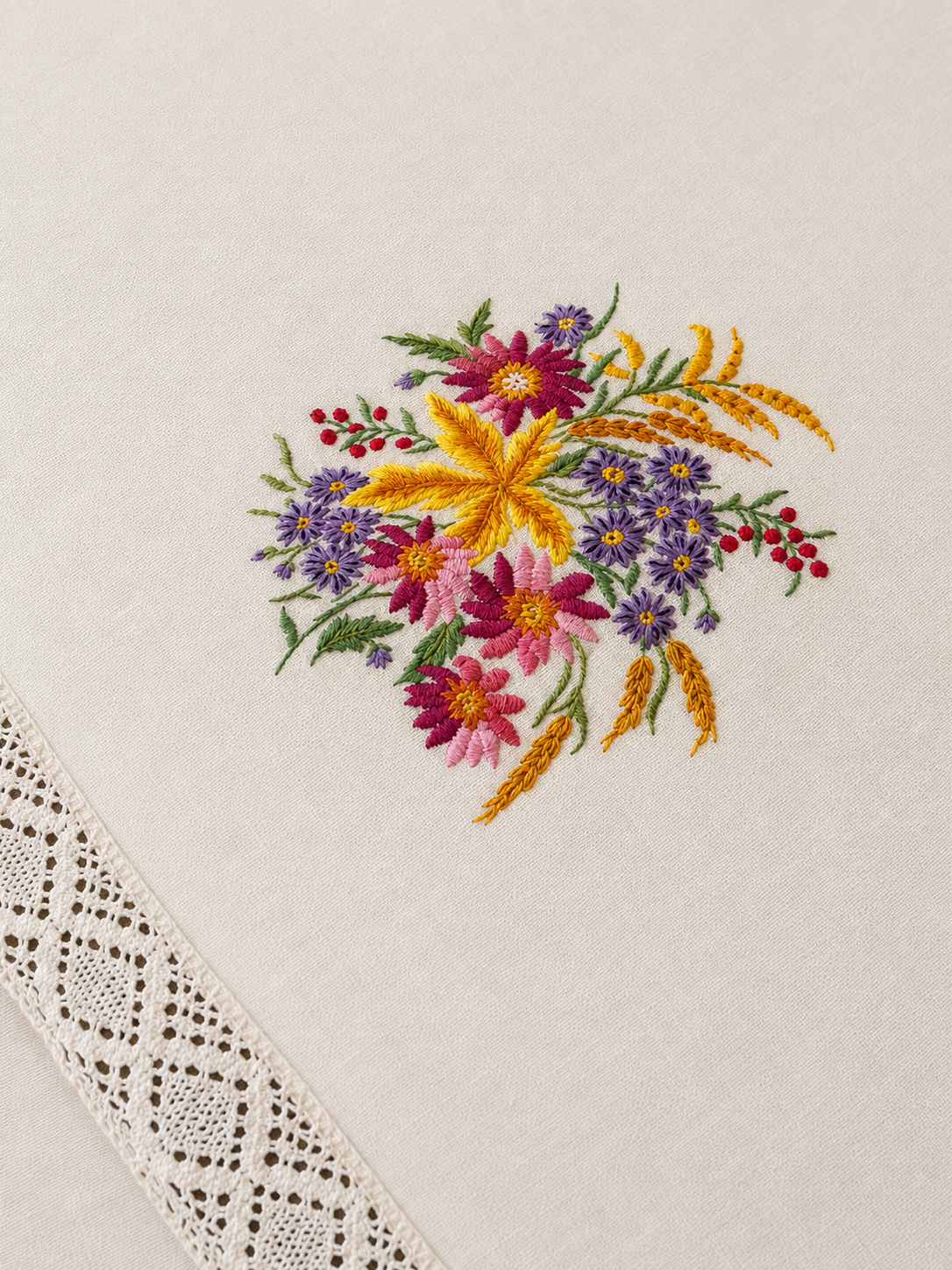 Vintage Spring Wildflower Hand Embroidered Cotton Table Cloth with Lace Trim Edge