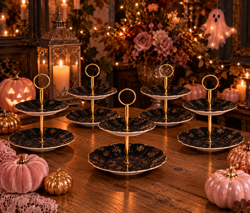 Vintage Black & Gold Floral 2-Tier Cake Stand Set of 5