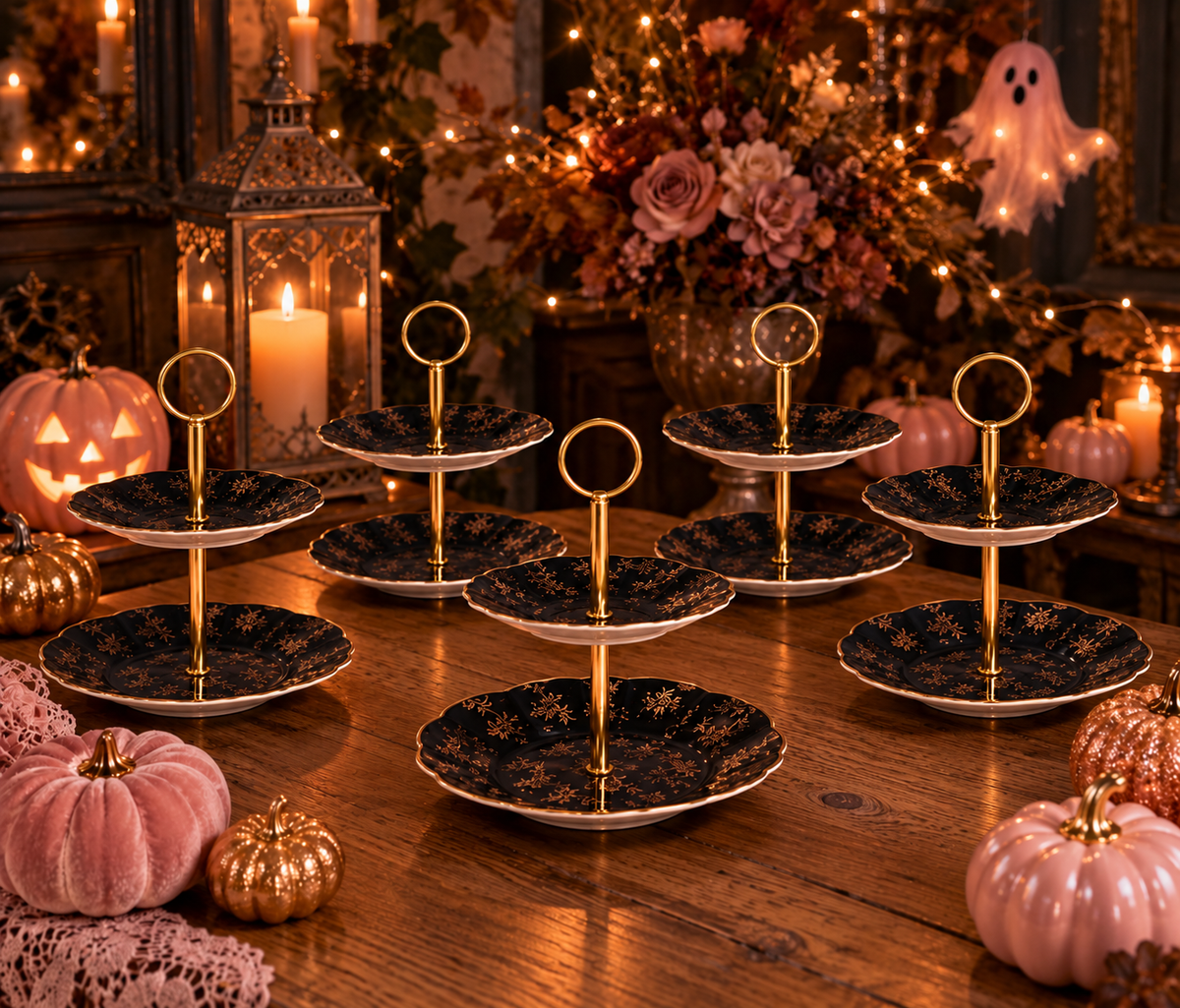 Vintage Black & Gold Floral 2-Tier Cake Stand Set of 5