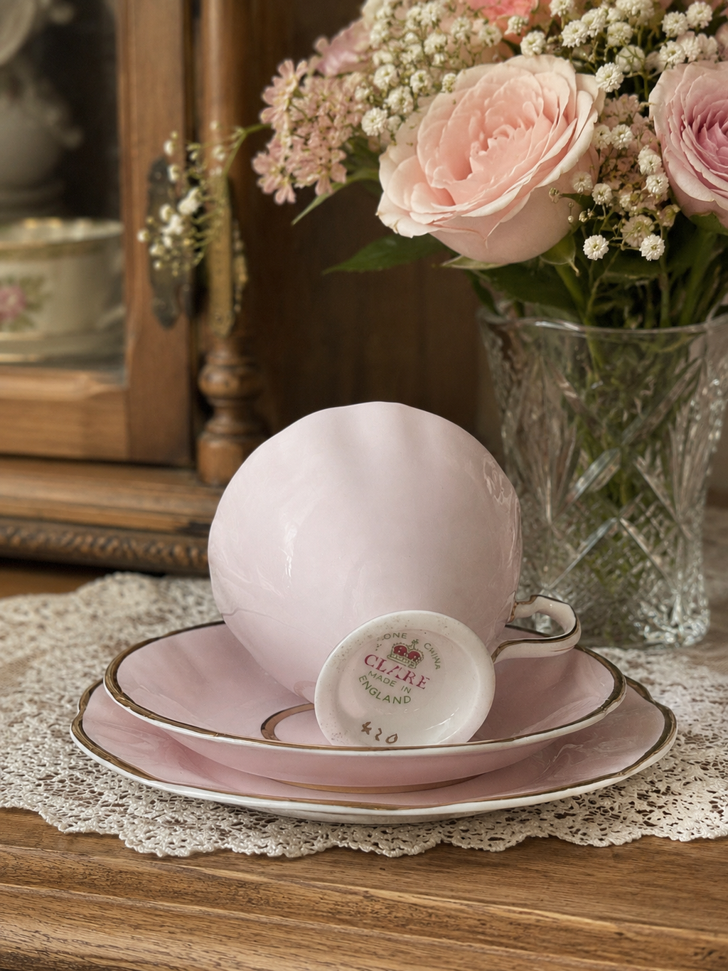 Clare Pastel Pink Trio with Single Pink Rose Design