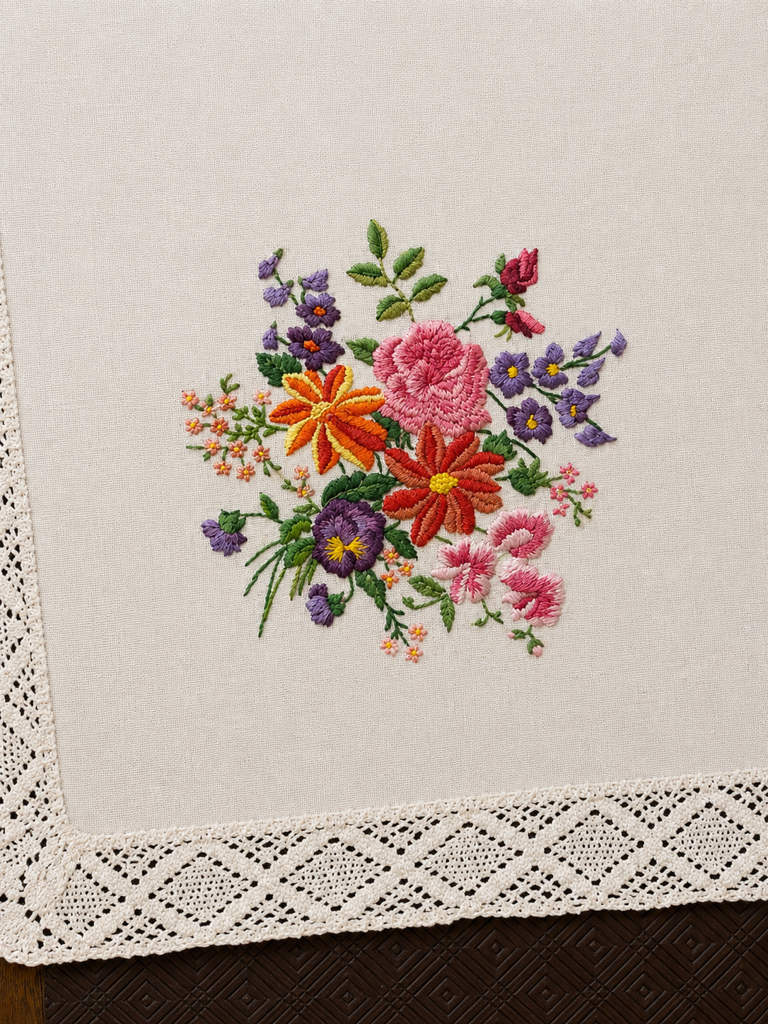 Vintage Spring Wildflower Hand Embroidered Cotton Table Cloth with Lace Trim Edge