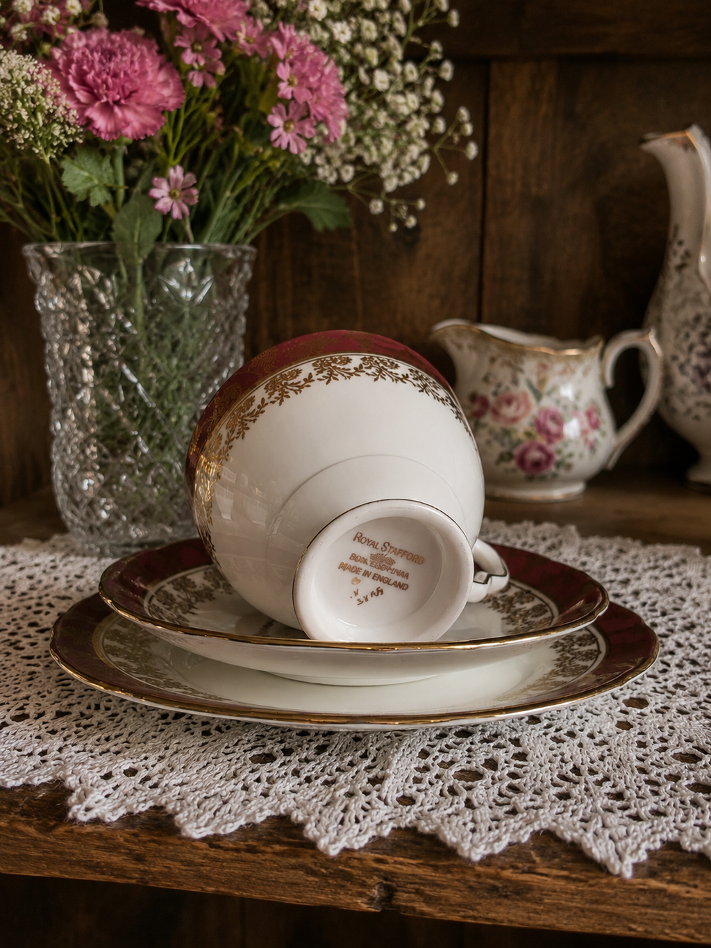 Vintage Royal Stafford Burgundy & Gold Bone China Tea Trio