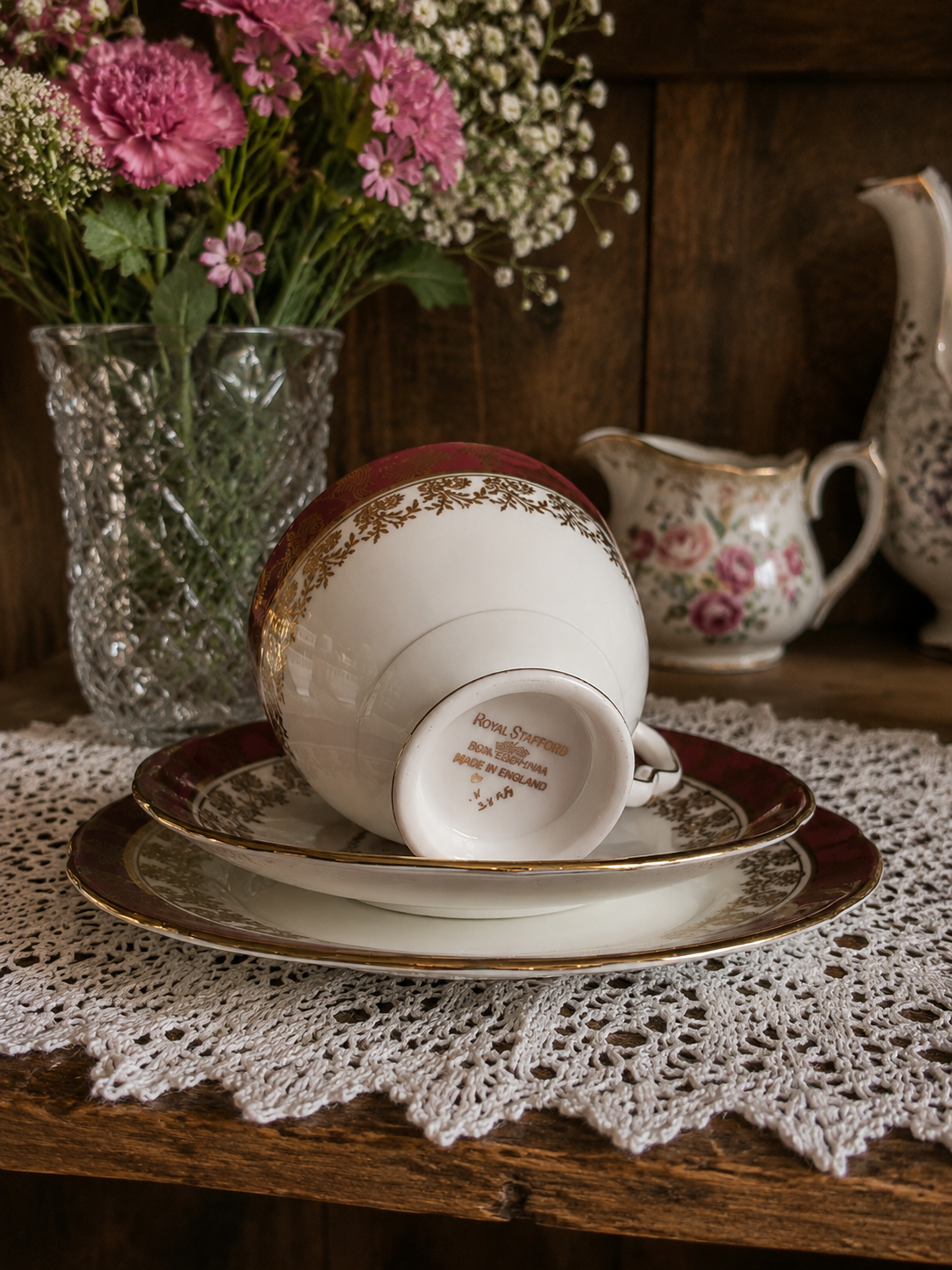 Vintage Royal Stafford Burgundy & Gold Bone China Tea Trio