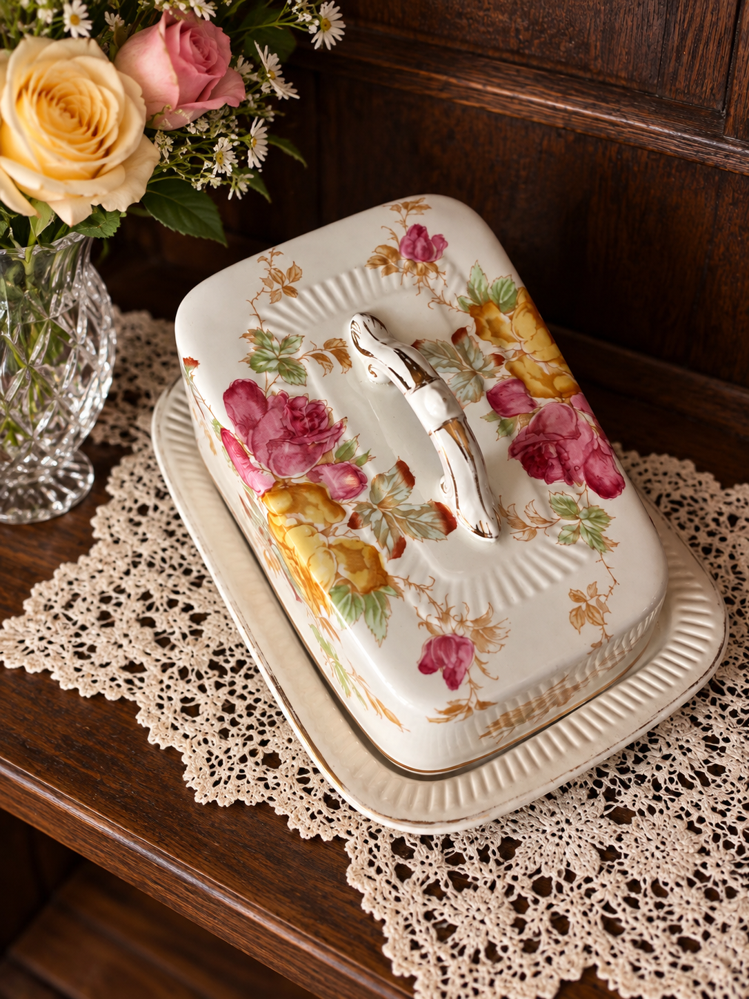 Antique Burton Floral Cheese Dish