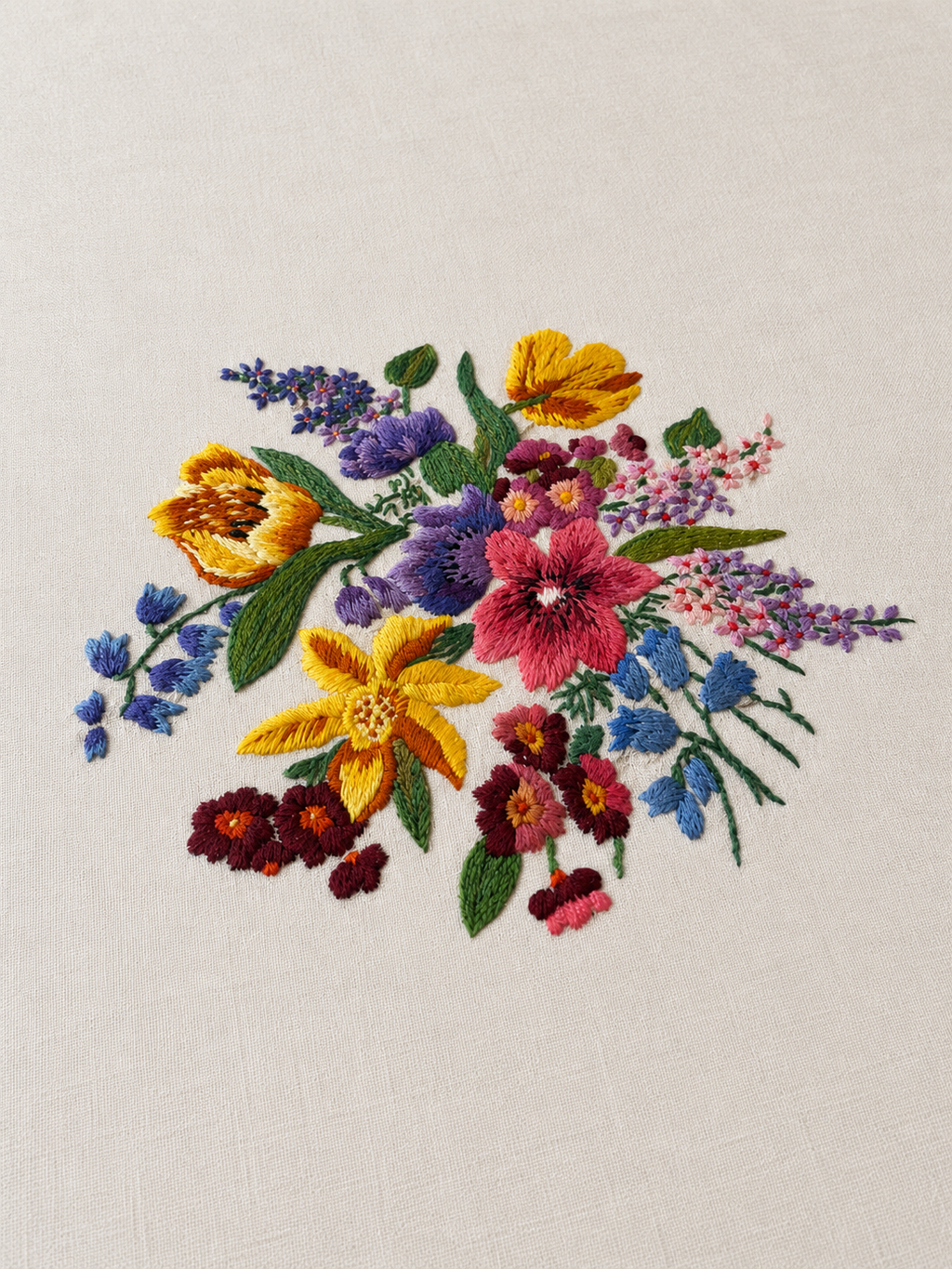 Vintage Spring Wildflower Hand Embroidered Cotton Table Cloth with Lace Trim Edge
