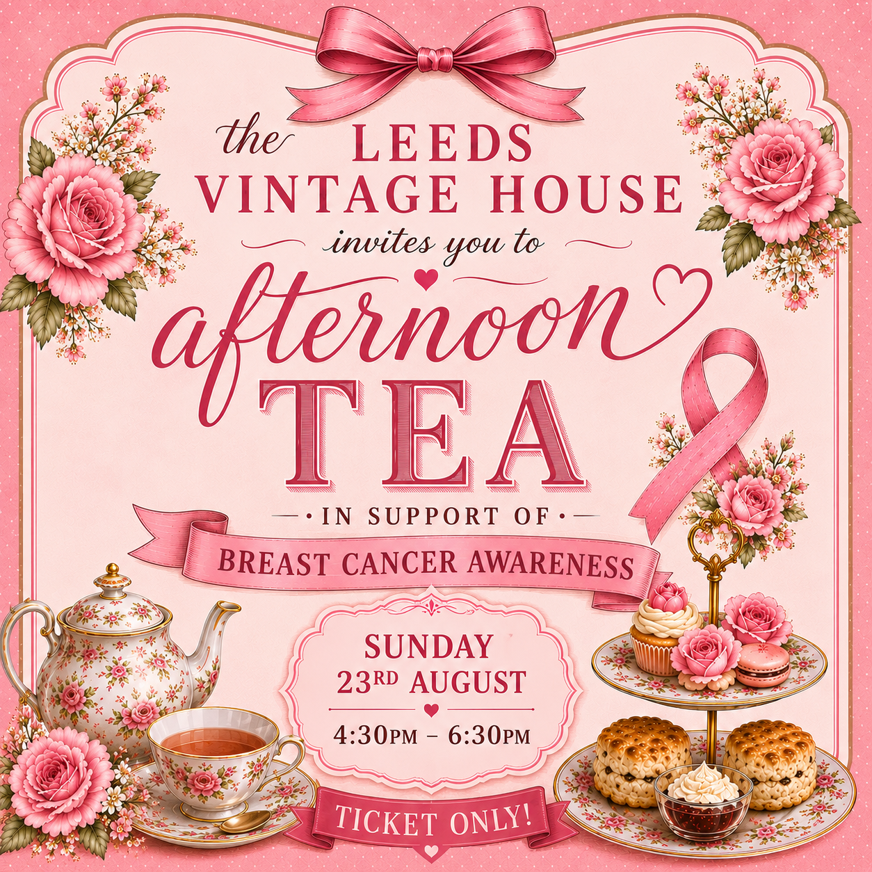 Breast Cancer Awareness Afternoon Tea Ticket - Sunday 23rd August at 4:30pm - 6:30pm