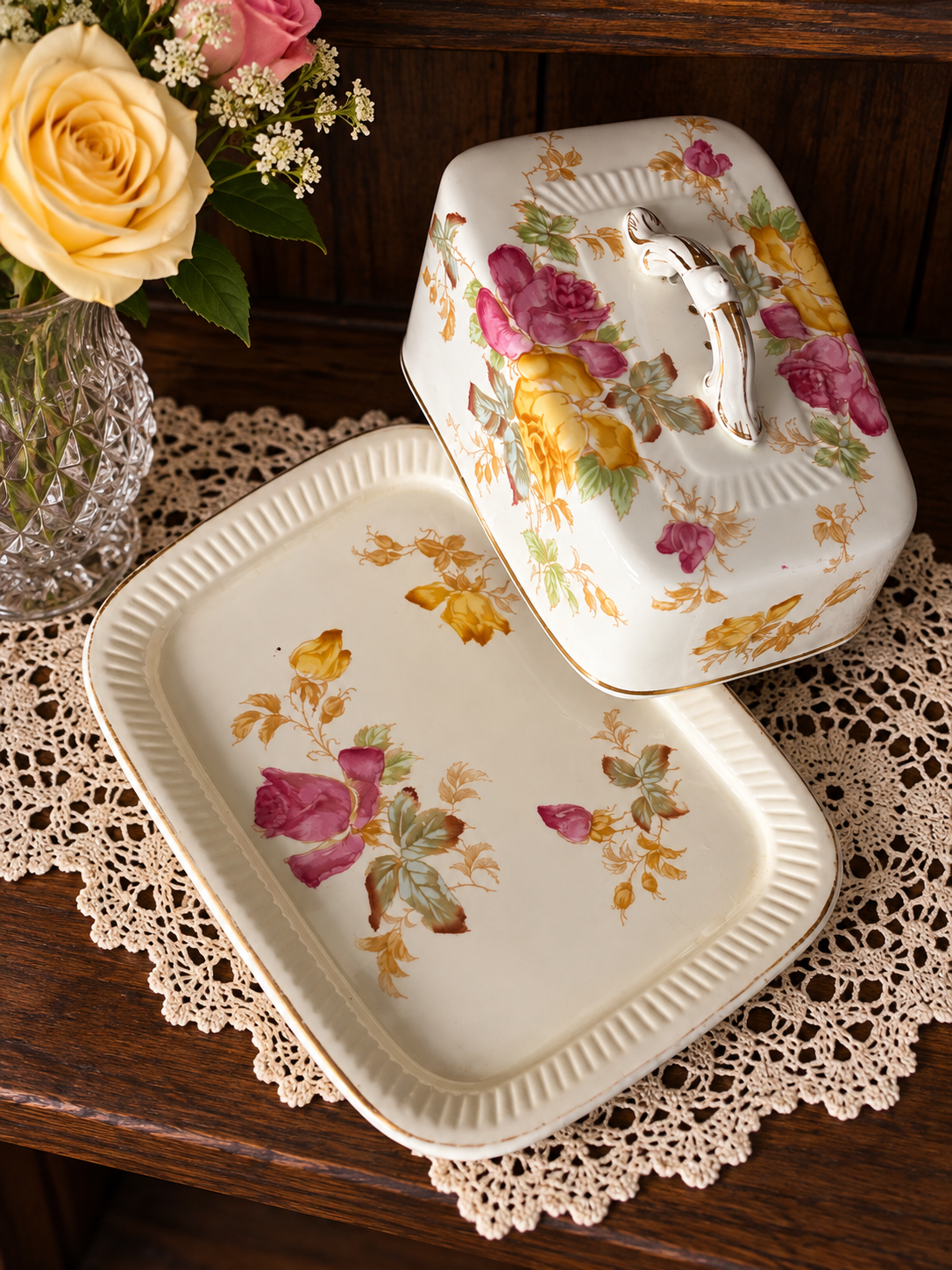Antique Burton Floral Cheese Dish