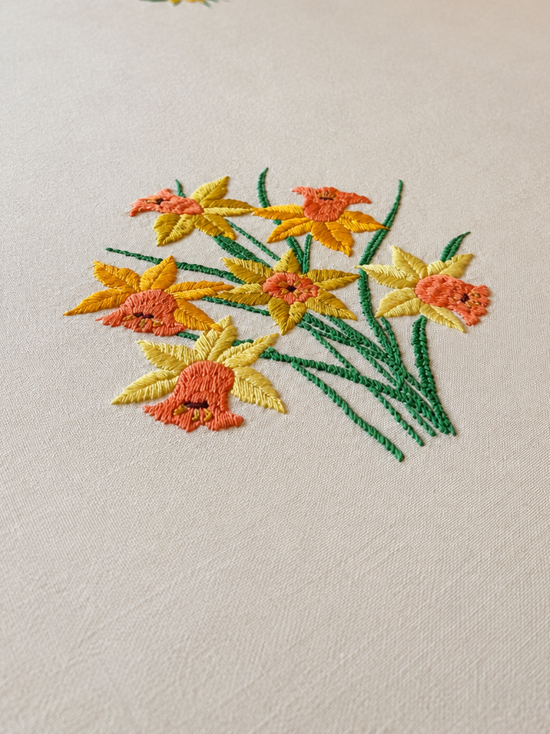 Vintage Floral Hand Embroidered Cotton Table Cloth with Grey Border
