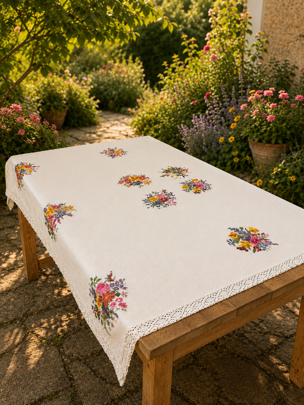 Vintage Spring Wildflower Hand Embroidered Cotton Table Cloth with Lace Trim Edge