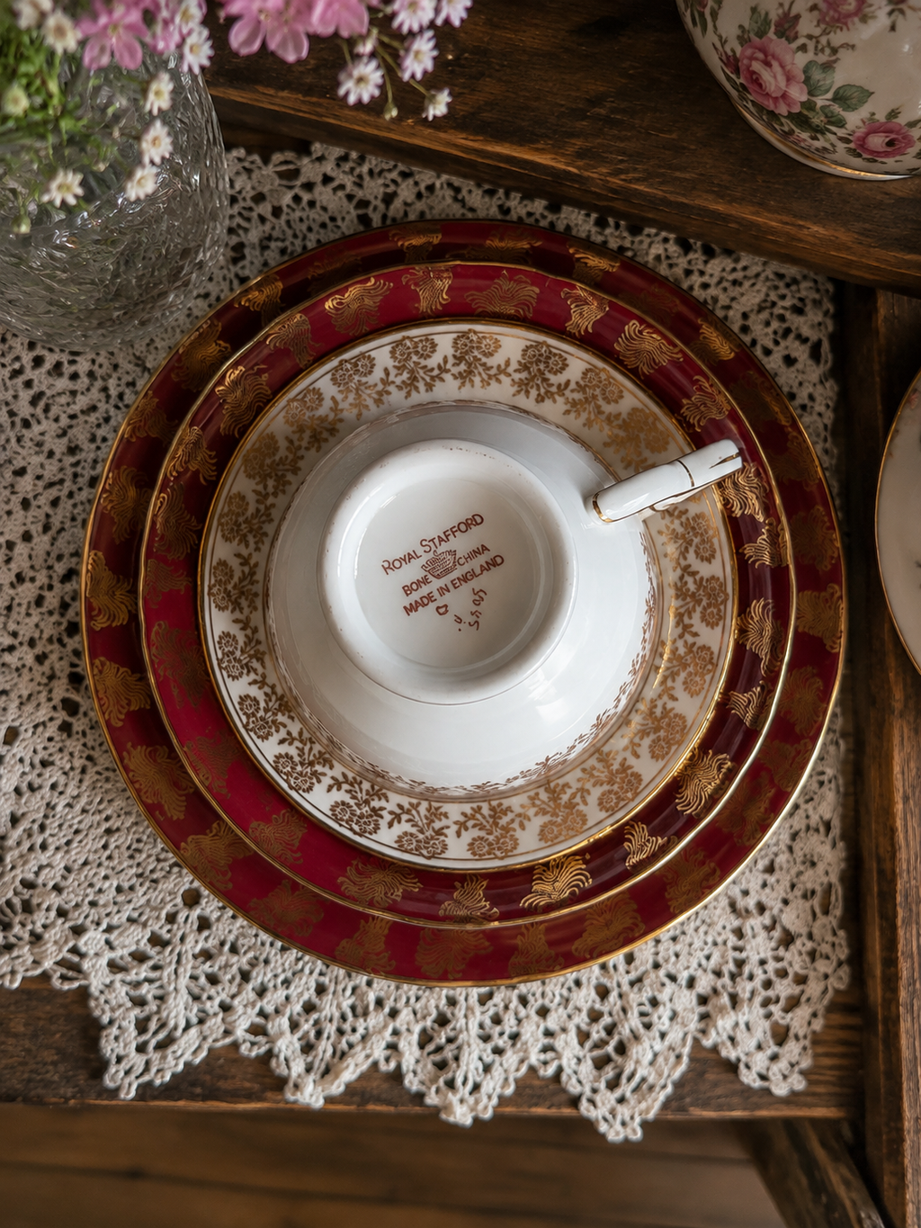 Vintage Royal Stafford Burgundy & Gold Bone China Tea Trio