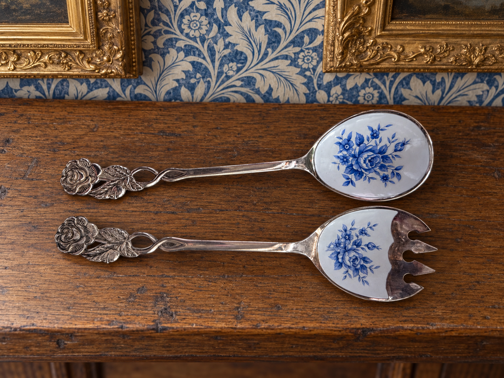 Pair Enamelled serving spoons