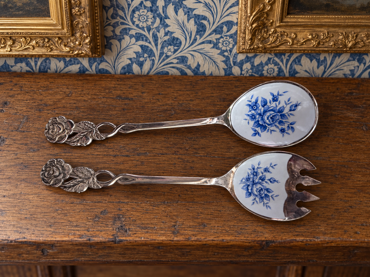 Pair Enamelled serving spoons