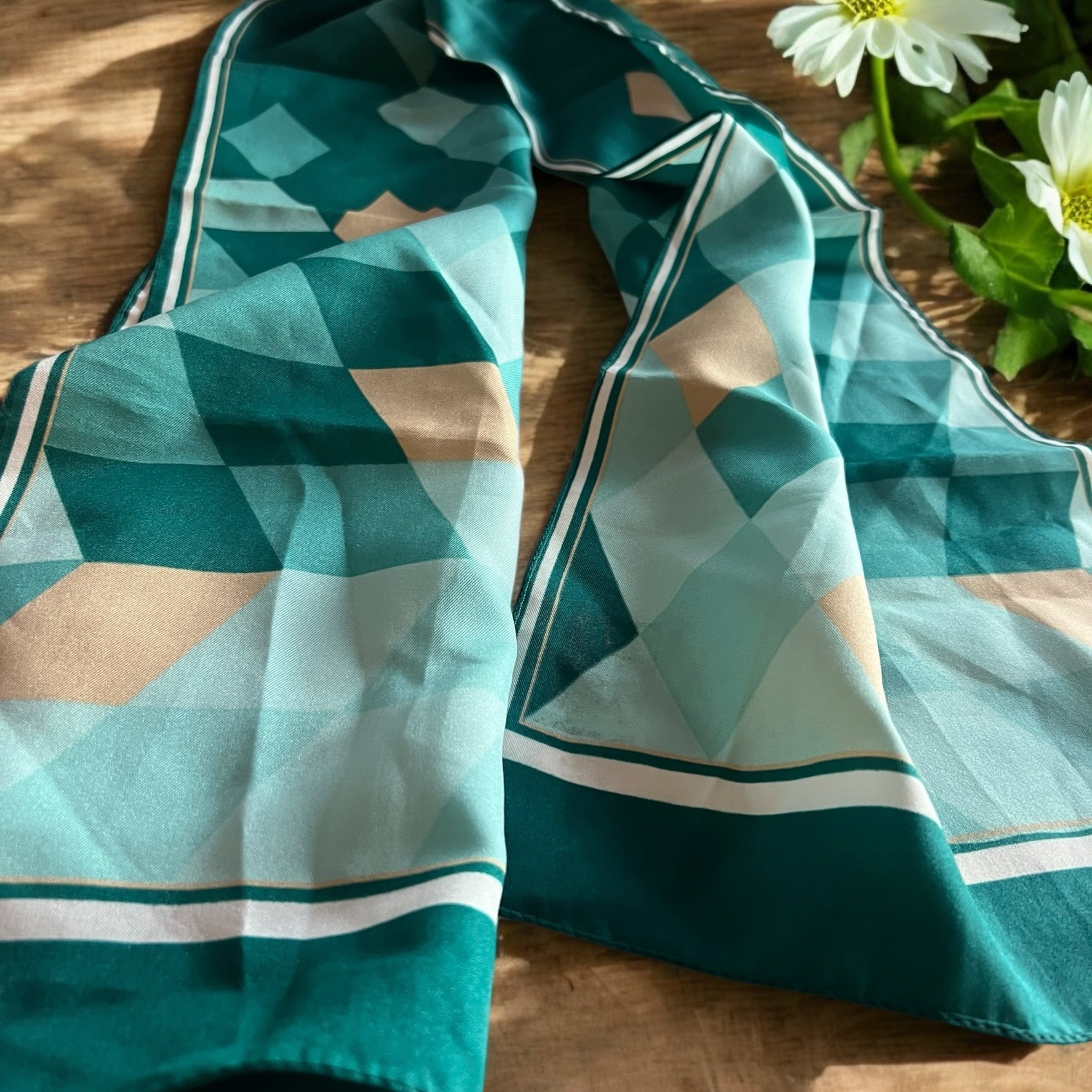 Vintage Scarf. Long Oblong Sea Green Harlequin Design image 0