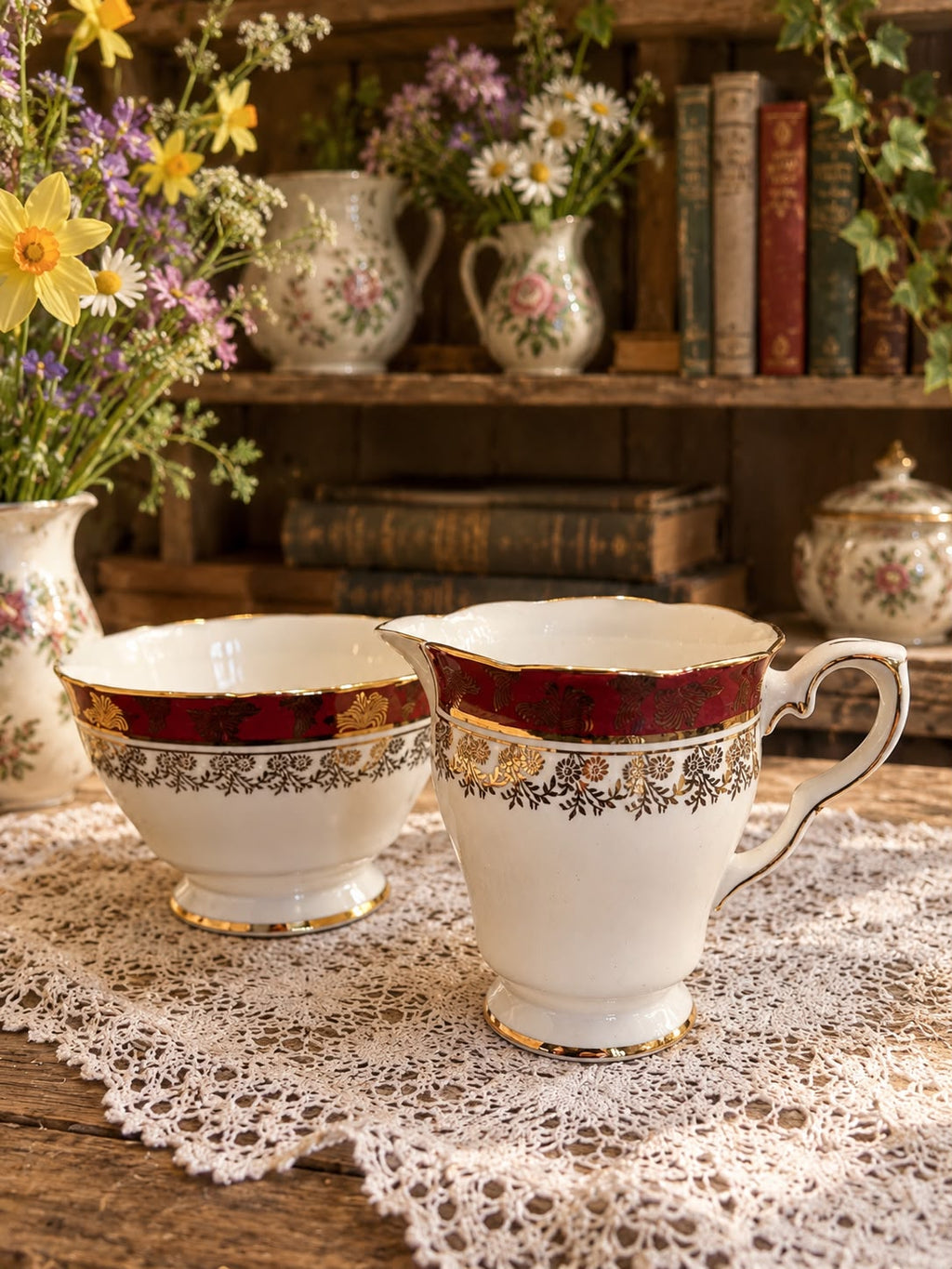 IMPERFECT! Vintage Royal Stafford Burgundy & Gold Bone China Milk Jug & Sugar Bowl