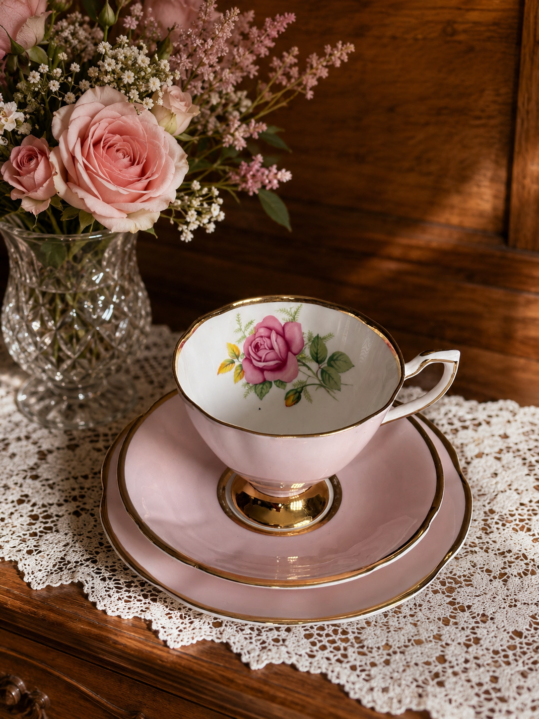 Clare Pastel Pink Trio with Single Pink Rose Design