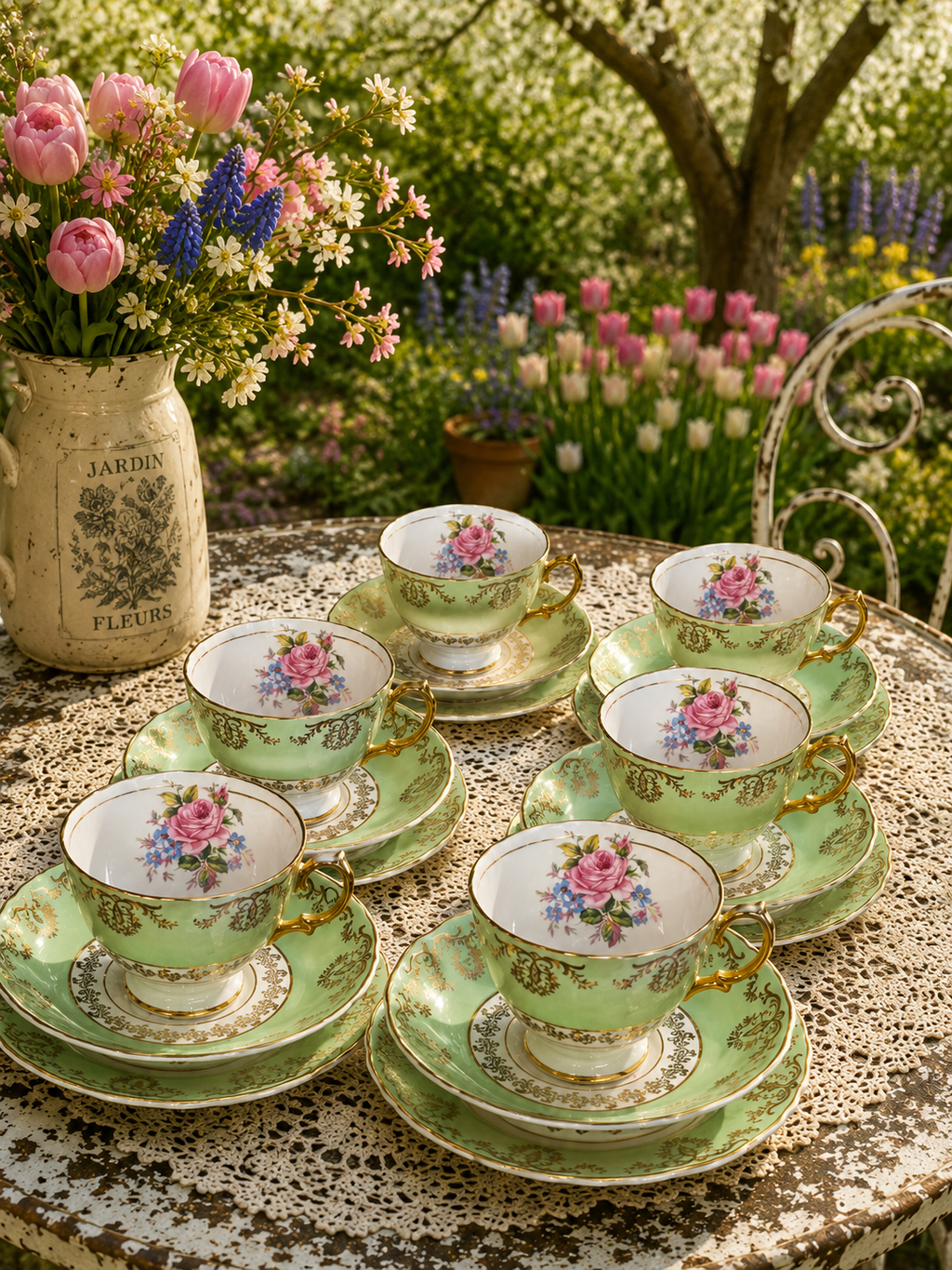 Vintage Argyle Green & Gold Rose Trio