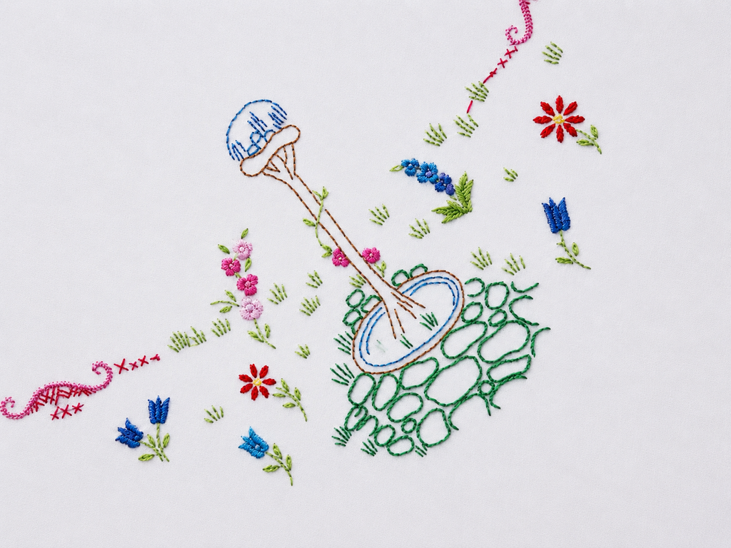 Hand Embroidered Crinoline Lady & Water Fountain Design Table Cloth